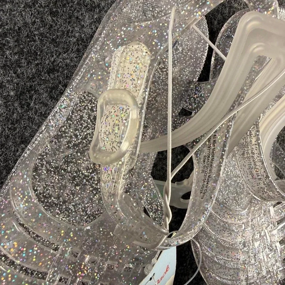 Cat & Jack silver glittery clogs with rainbow sparkles